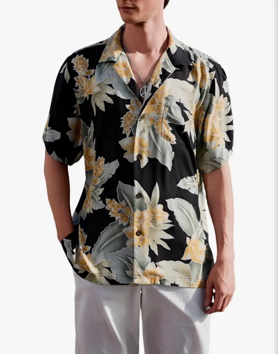 Black LUXSTITCH shirt with muted-gold flowers and sage leaves